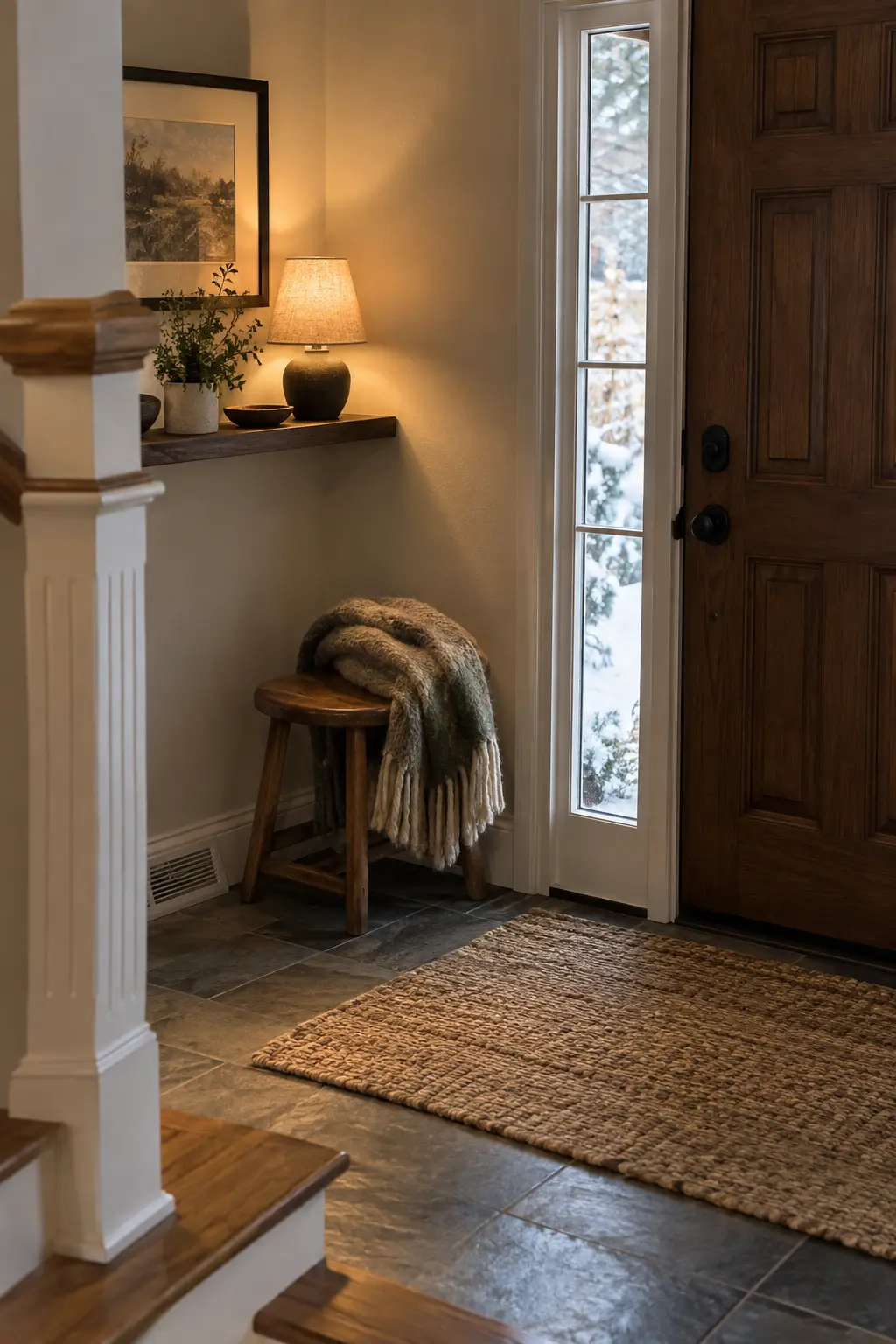 Winter foyer corner with a round wood stool, shaded wall lamp, shelf, and wool throw