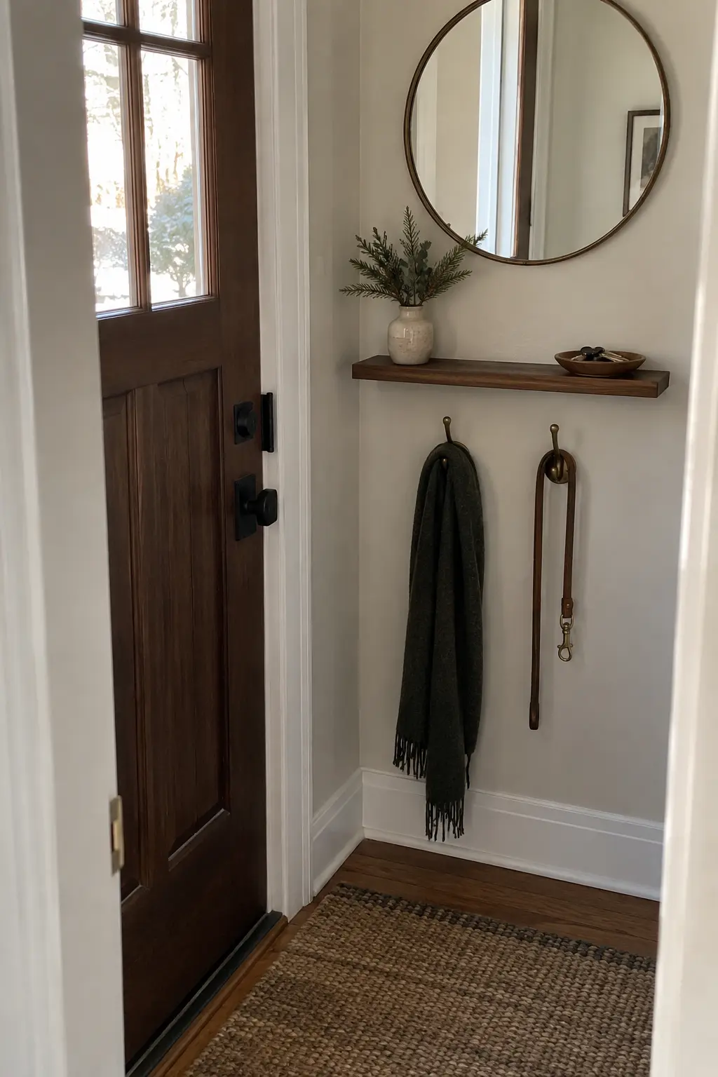 Tiny winter entrance with a picture ledge, round mirror, bud vase, key dish, and hooks