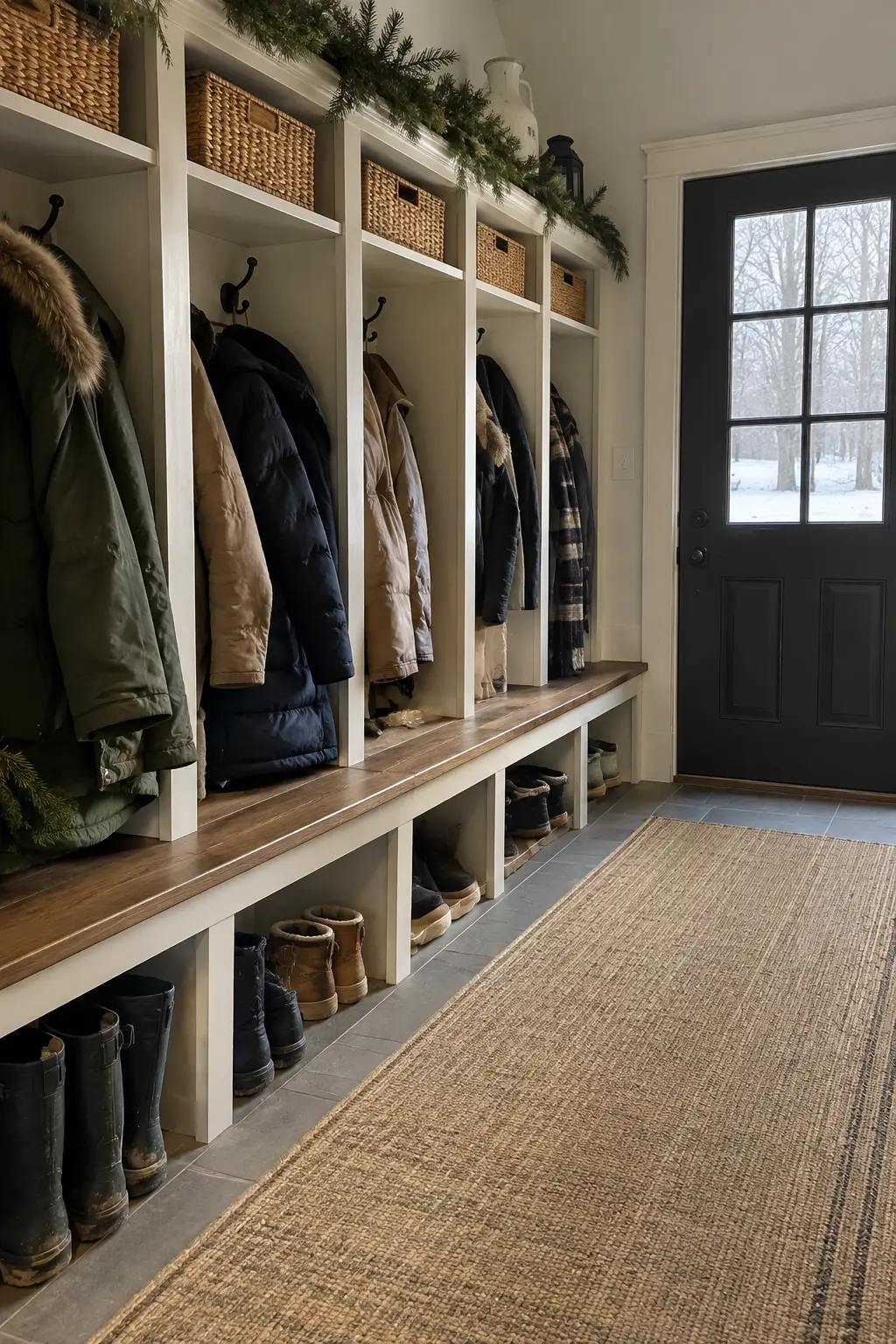 Family winter mudroom with cubbies, baskets, boots, coats, a neutral runner, and evergreen cuttings