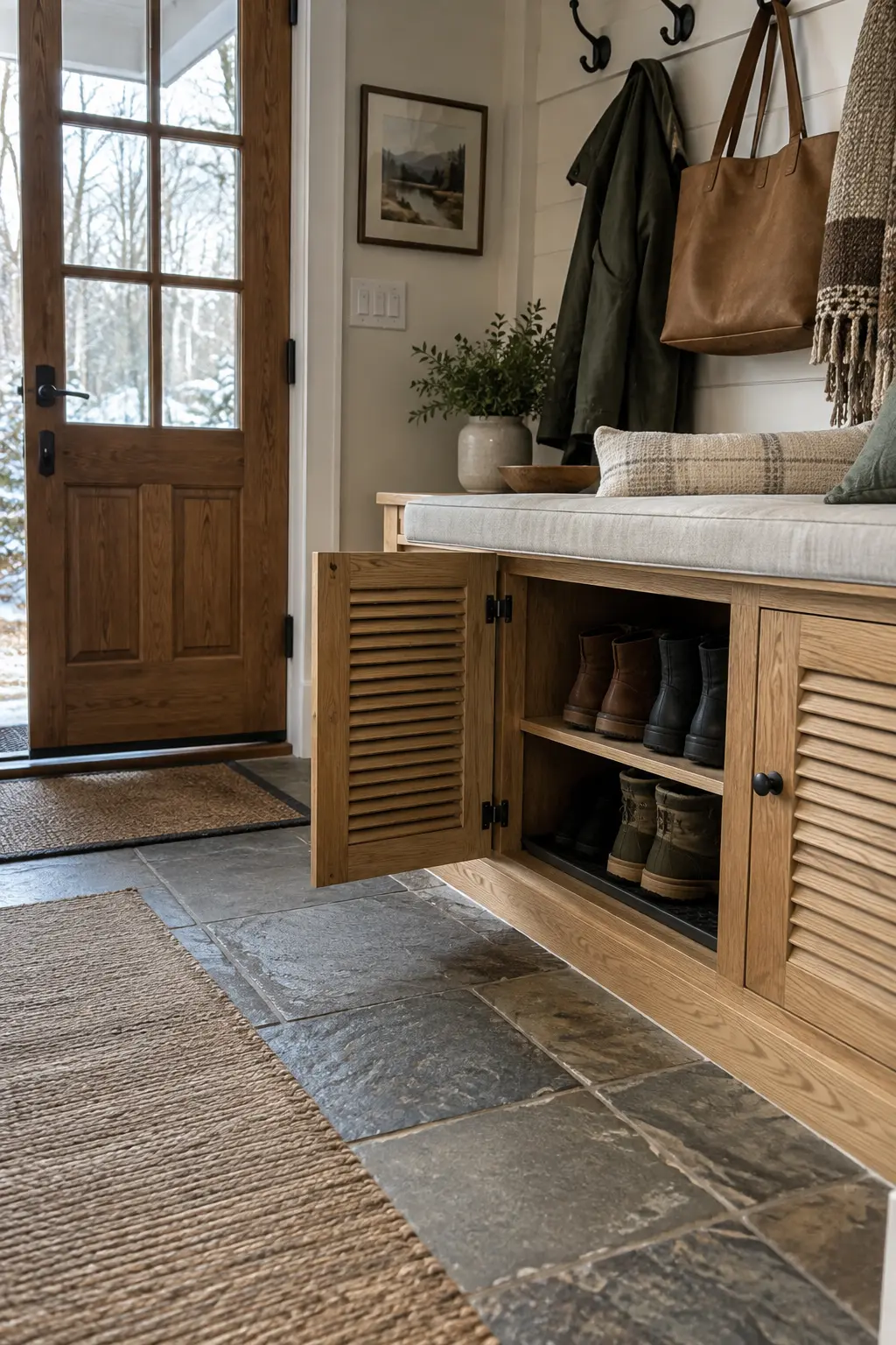 Entry with an oak boot cabinet, cushioned bench, black hooks, and stone tile floor