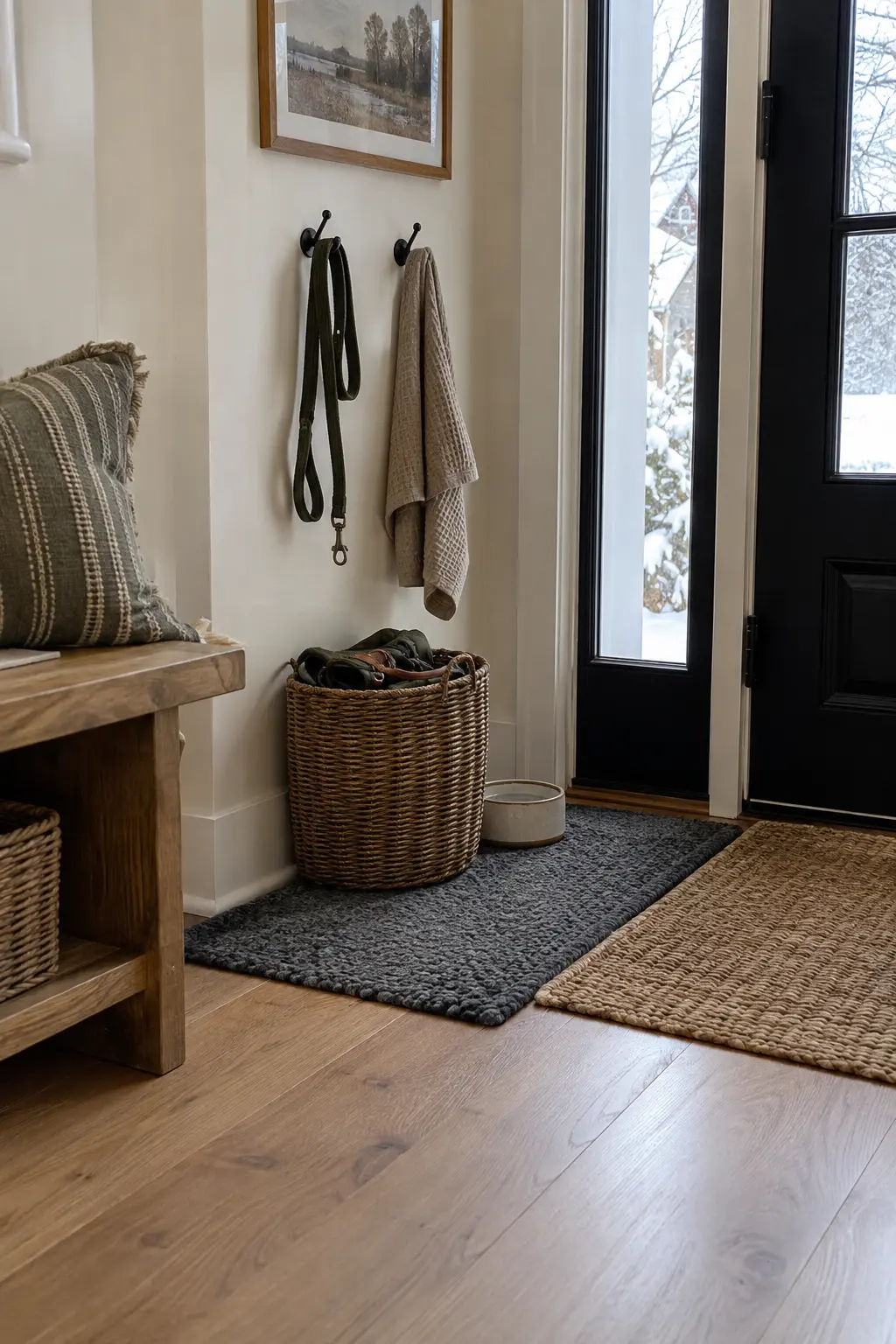 Winter entry with a dog walk station, washable mat, leash basket, hooks, towel, and water bowl