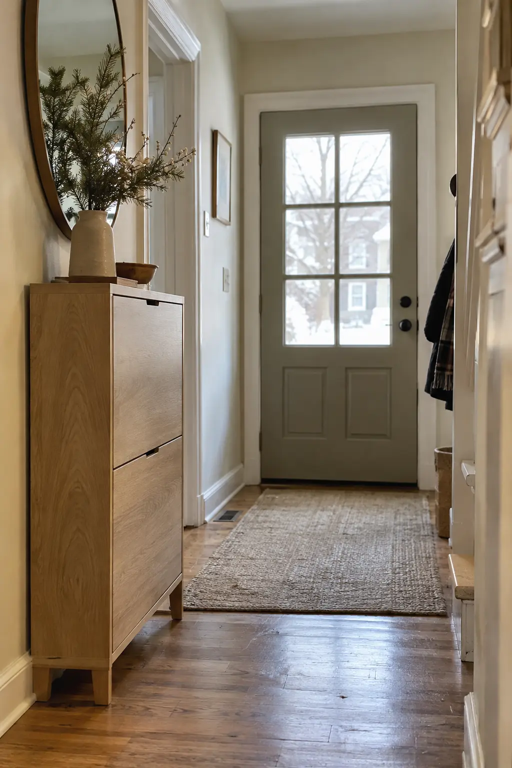 Narrow hallway with a pale oak tilt-out shoe cabinet, oval mirror, and winter branch vase