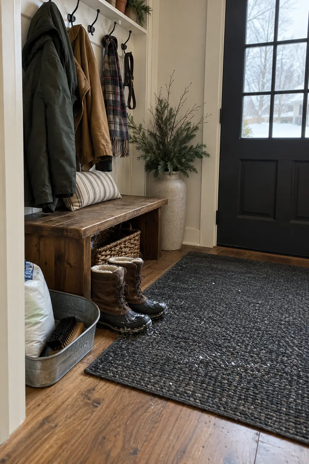 Winter entry with a galvanized tray, rock salt, boot brush, bench, hooks, and charcoal mat