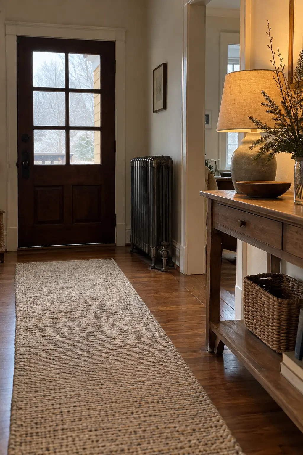 Older home winter foyer with a clear cast iron radiator, offset console, lamp, branches, and runner