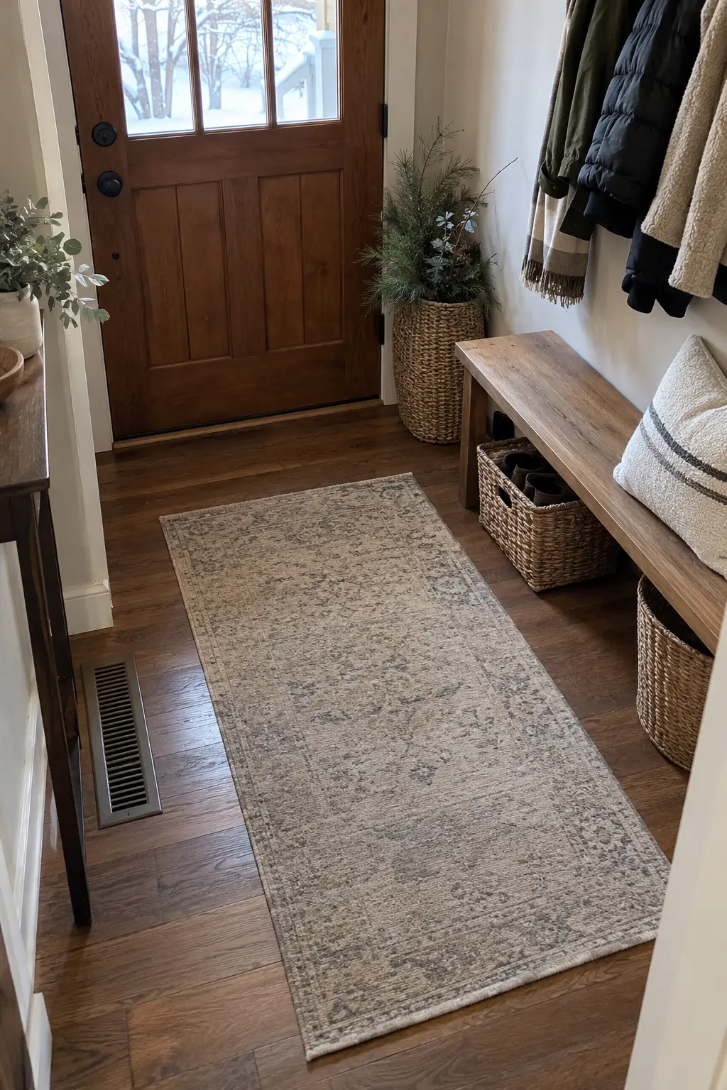 Winter entry with an open floor heating vent, bench, baskets, coats, and a runner ending short