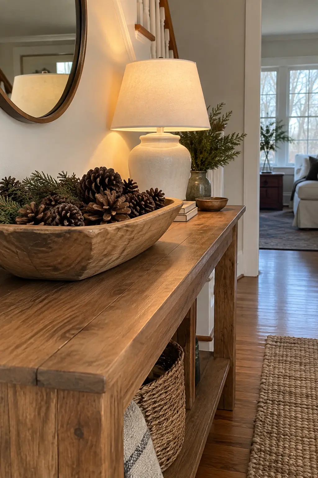 Oak winter console with a handmade wood bowl of pinecones, cream lamp, and evergreen clipping