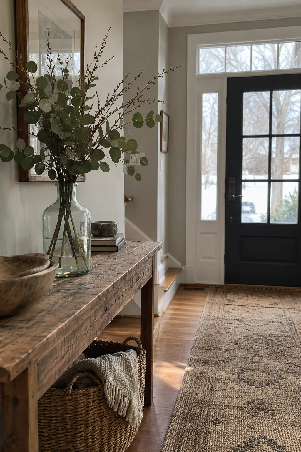 Reclaimed wood entry table with recycled glass vase, eucalyptus, bare twigs, and woven basket