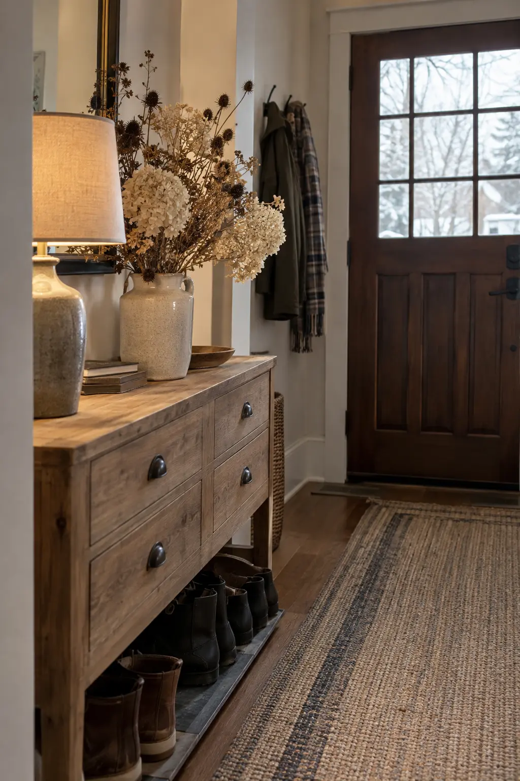 Winter entry dresser with dried white hydrangeas, seed heads, stoneware lamp, runner, and boots