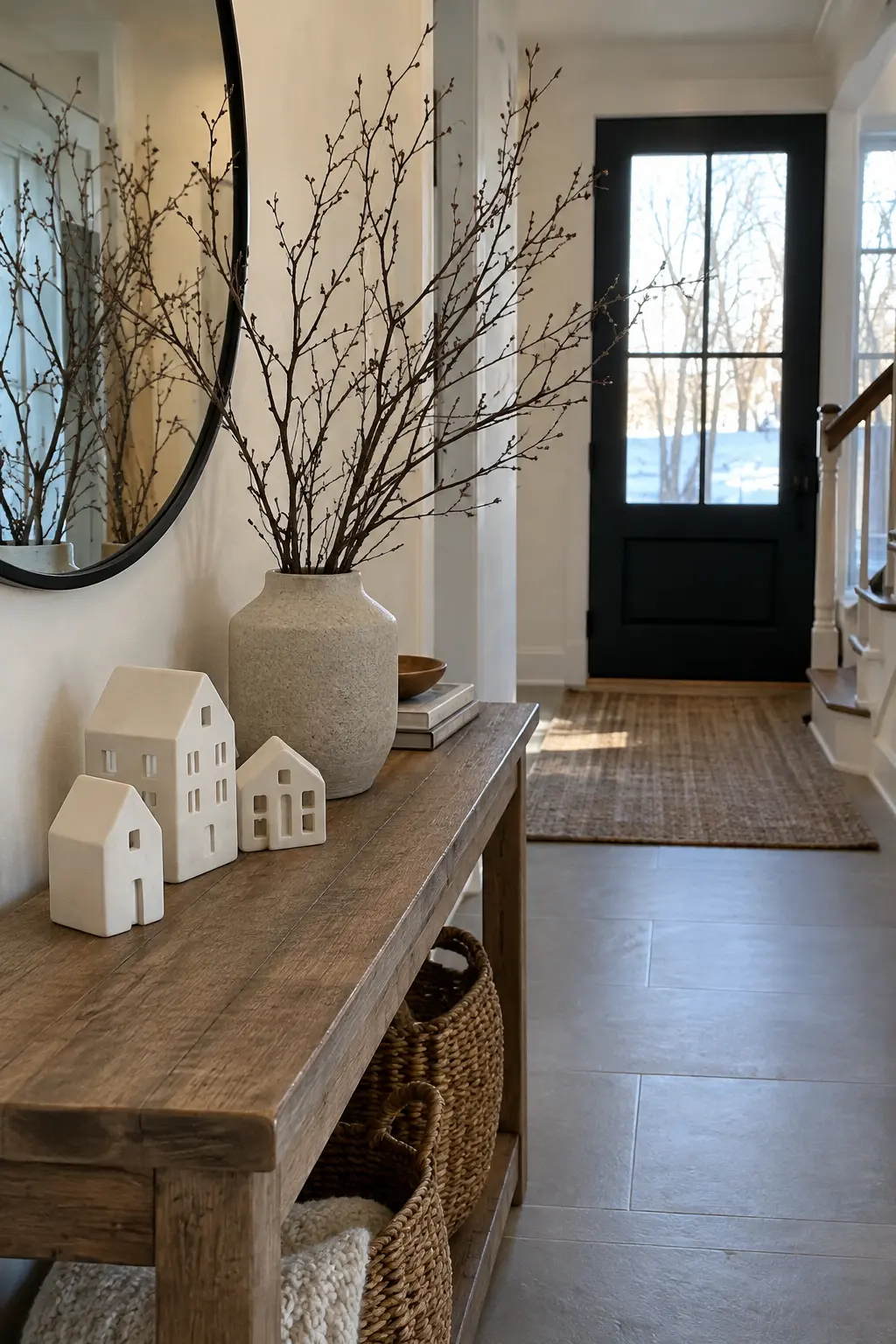 Minimal winter foyer with three matte white ceramic houses, a console, and bare branches