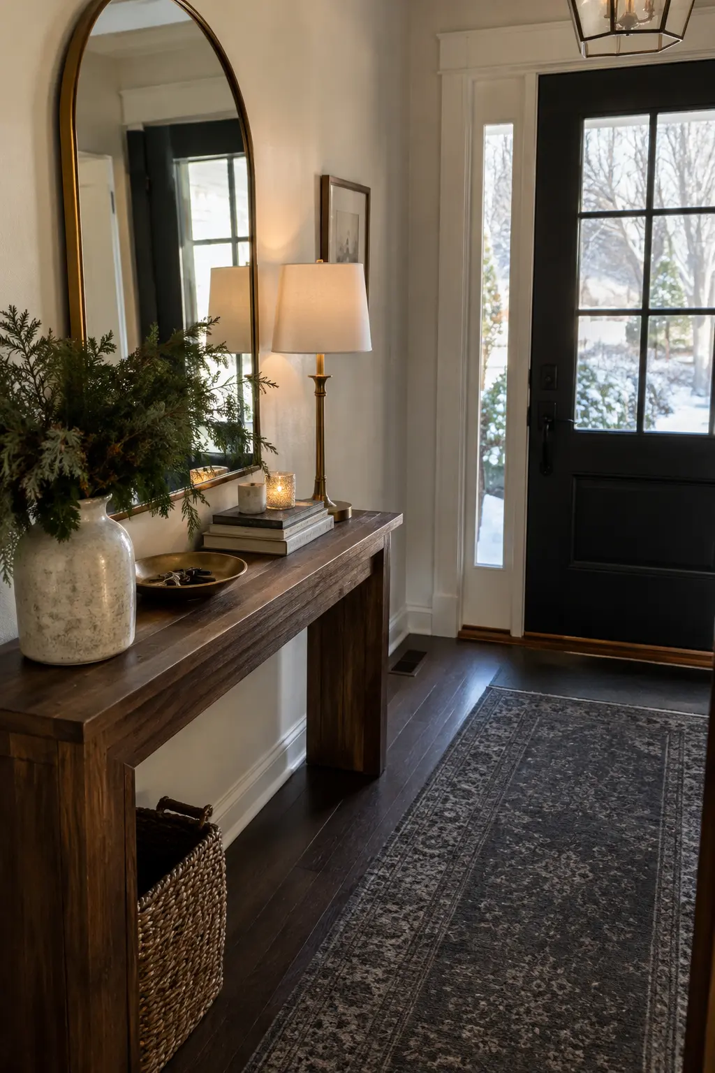Traditional winter entry with brass mirror frame, lamp base, catchall tray, walnut console, and charcoal runner