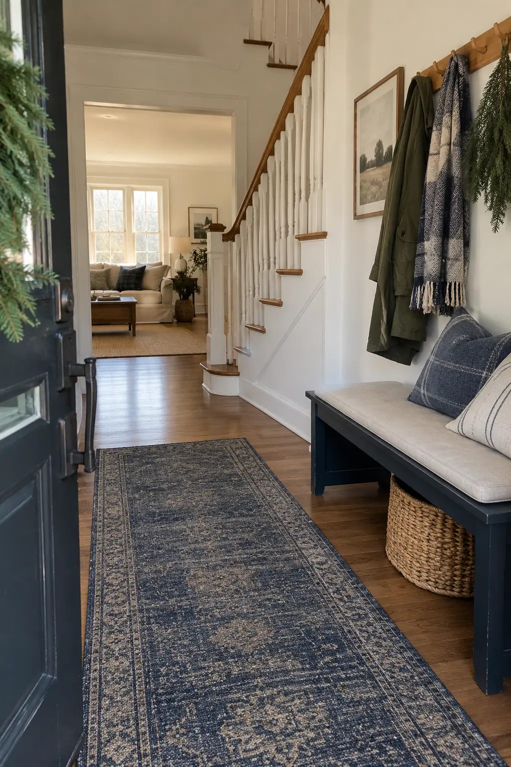 Winter entry with a navy bench, oatmeal cushion, indigo runner, pale wood pegs, and white walls