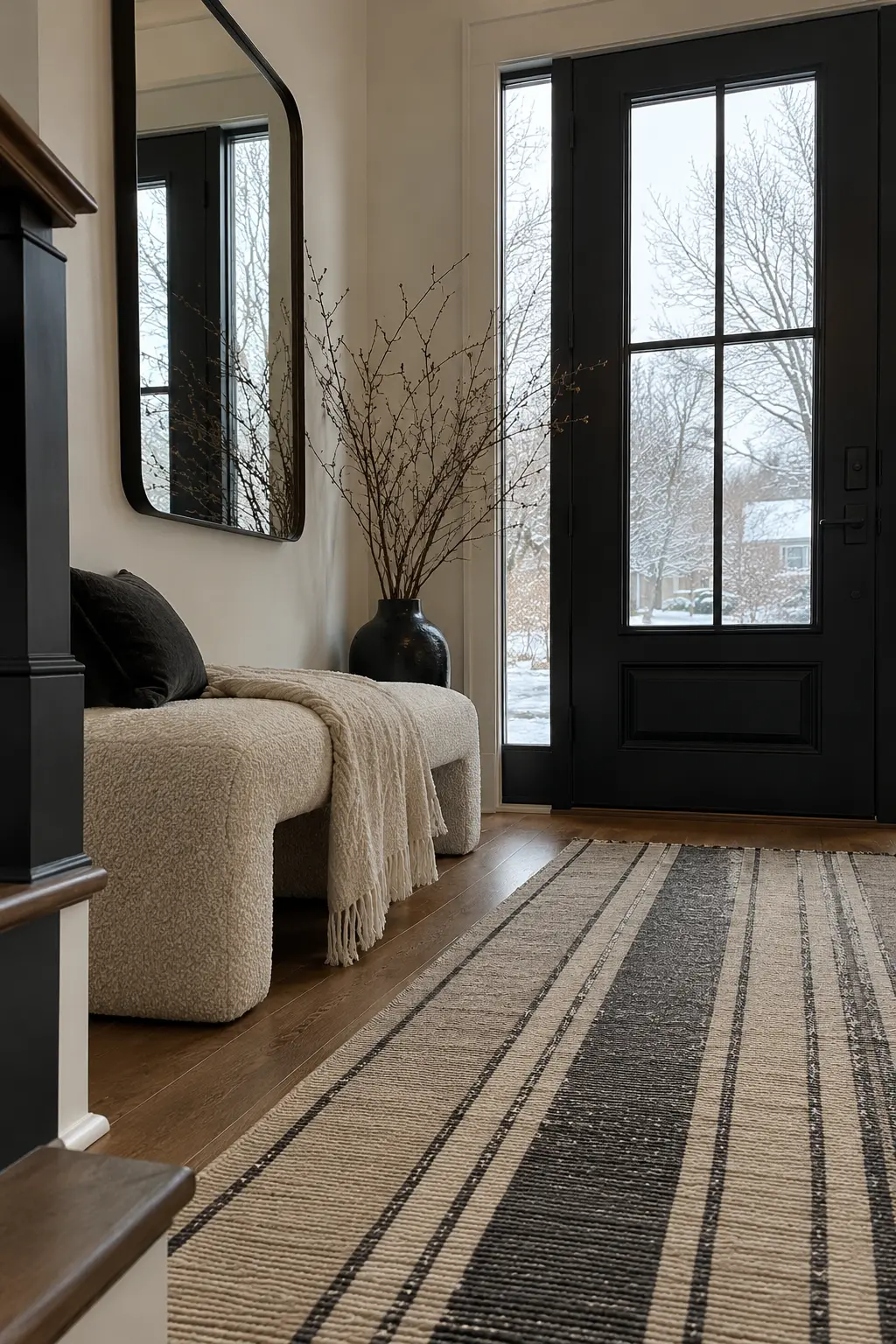 Graphic winter entry with a black door, ivory bench, black mirror, striped runner, and bare branches