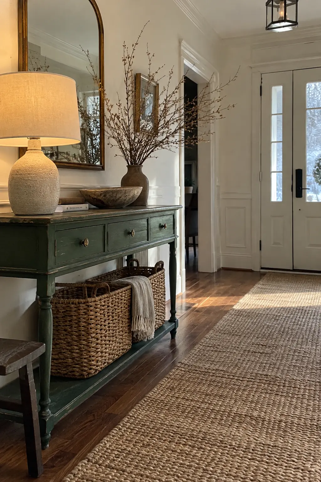 Winter foyer with a forest green vintage console, cream lamp, stone bowl, branches, and baskets