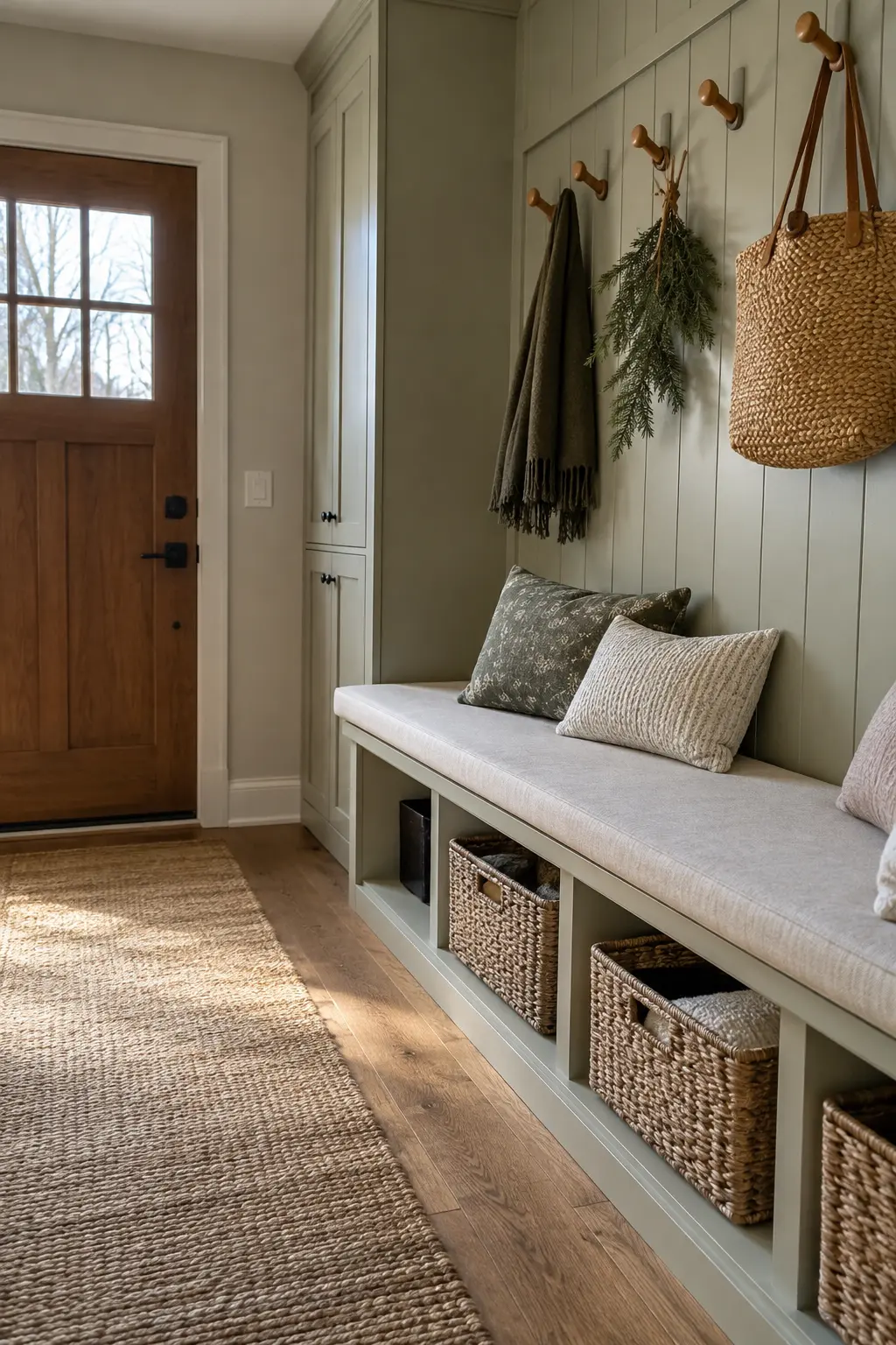 Pale sage winter entry with a built-in bench, oak hooks, oatmeal cushion, bins, and evergreen sprig