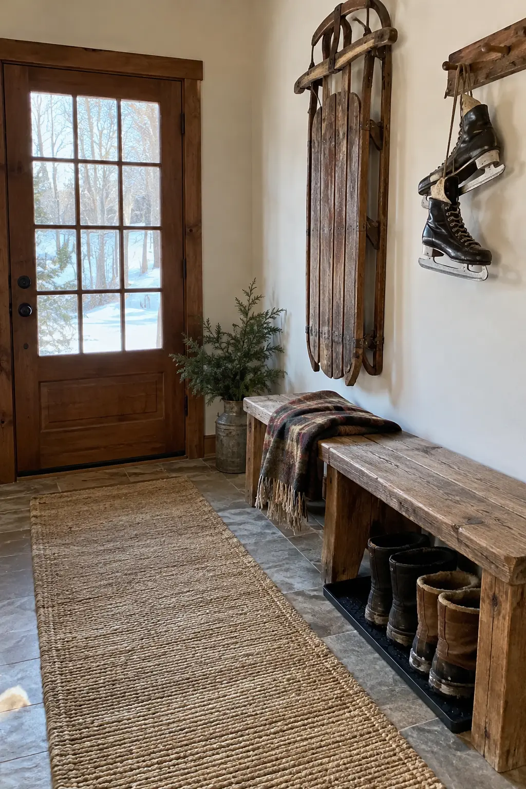 Rustic winter entry with an antique wood sled, vintage ice skates, bench, boot mat, and clear path