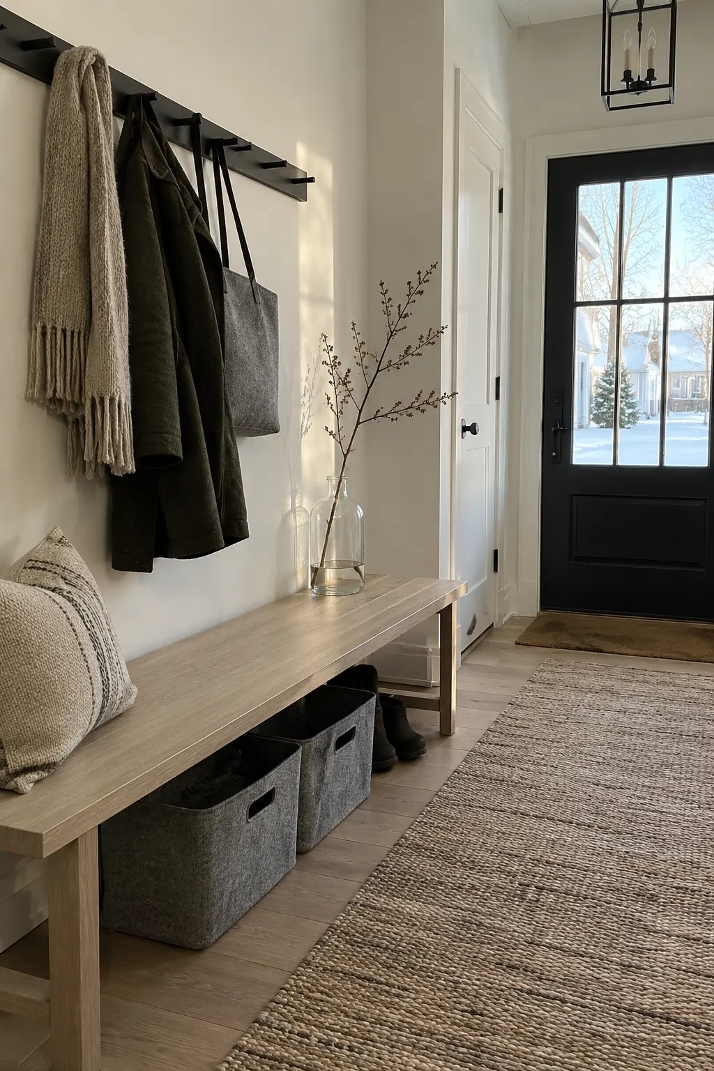 Scandinavian winter entry with an ash bench, white walls, black peg rail, felt baskets, and bare branch