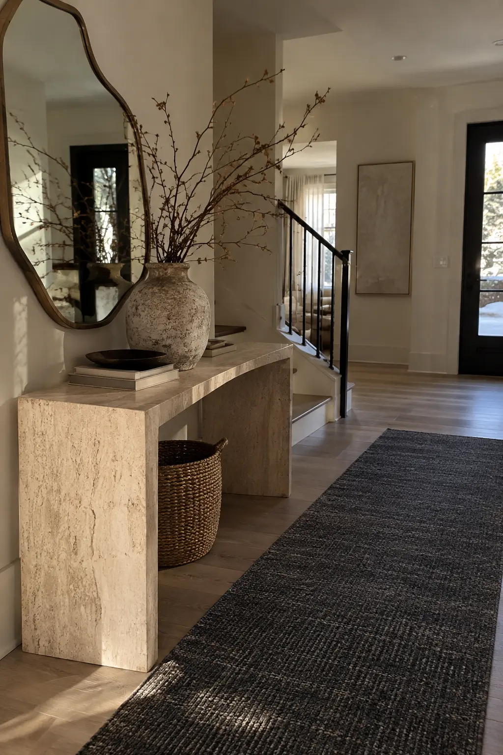 Modern organic winter foyer with travertine console, plaster mirror, ceramic vessel, runner, and branch