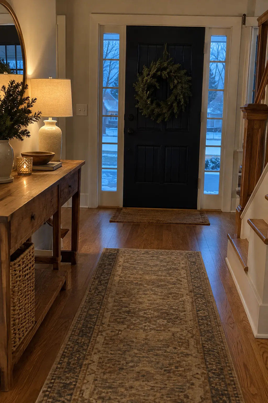 Winter entry at blue hour with a navy door, warm console lamp, runner, and plain wreath