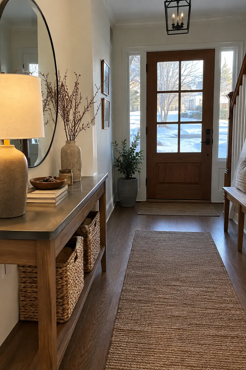 Bright January entry with a clean console, closed baskets, key bowl, lamp, branch vase, and uncluttered bench