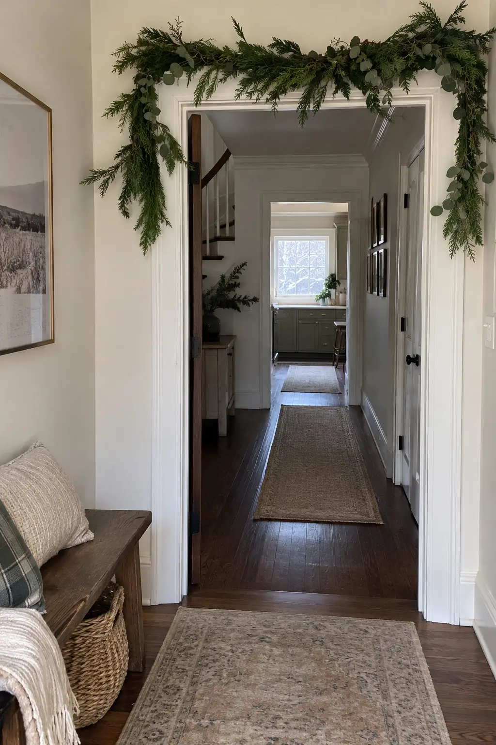 Winter foyer doorway with a sparse cedar and eucalyptus garland, bench, runner, and clear opening
