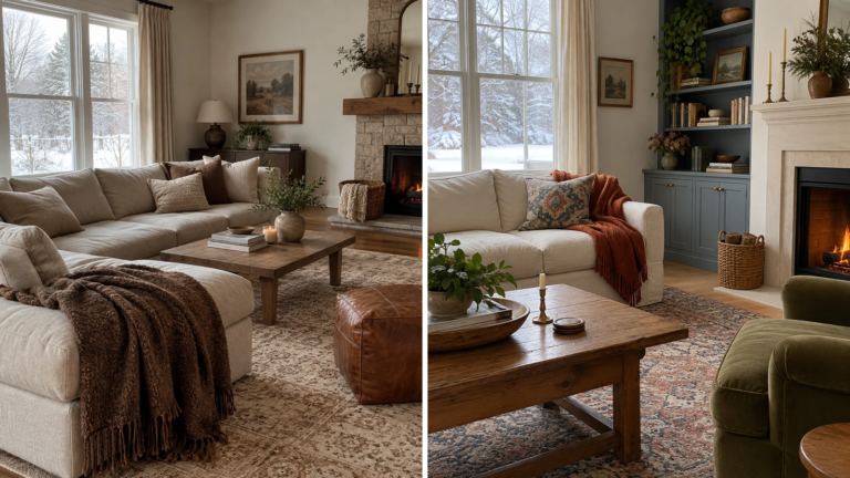 Two warm winter living rooms with layered neutral textiles, wood furniture, and fireplaces