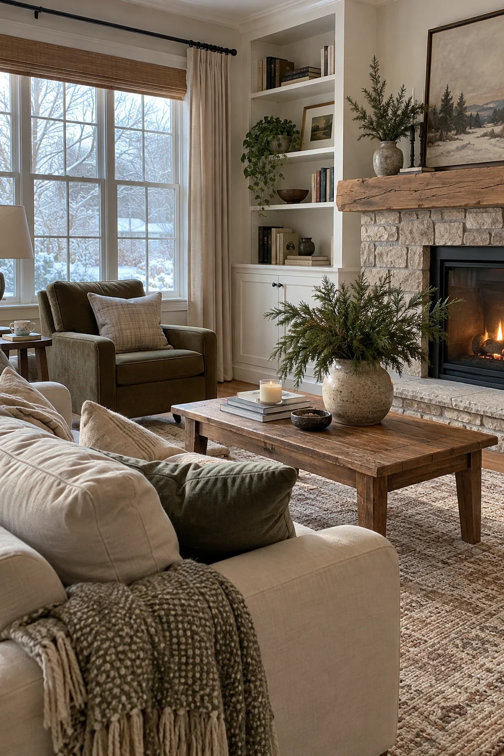 Relaxed winter living room after Christmas with plain evergreen branches, cream sofa, and no holiday ornaments
