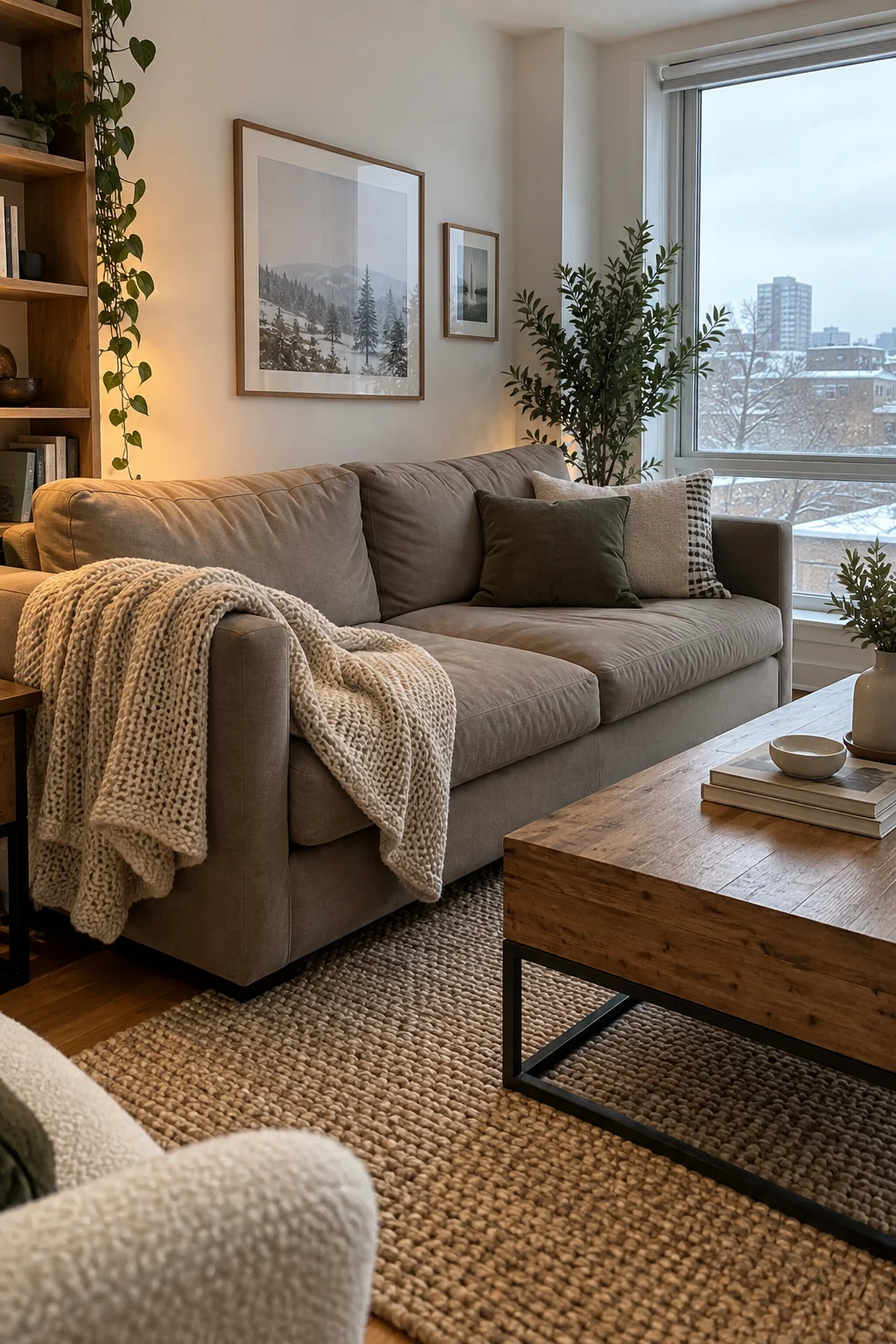 Cream knit throw draped over one corner of a taupe living room sofa