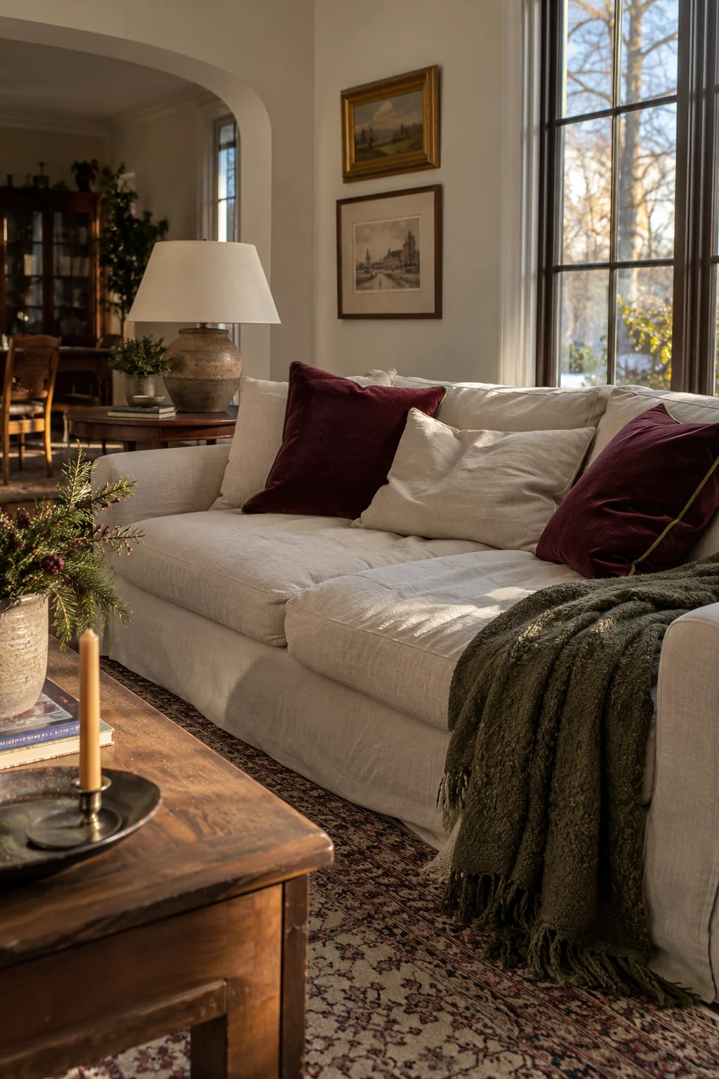 Sofa with two deep maroon velvet pillows edged in olive green