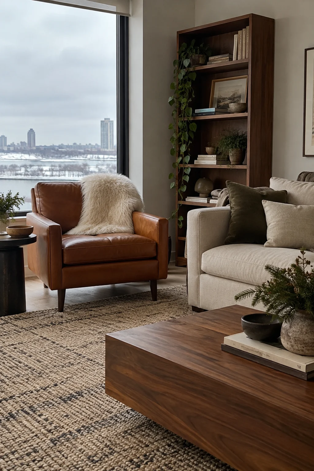 Ivory faux-fur throw placed on one reading chair in a winter living room