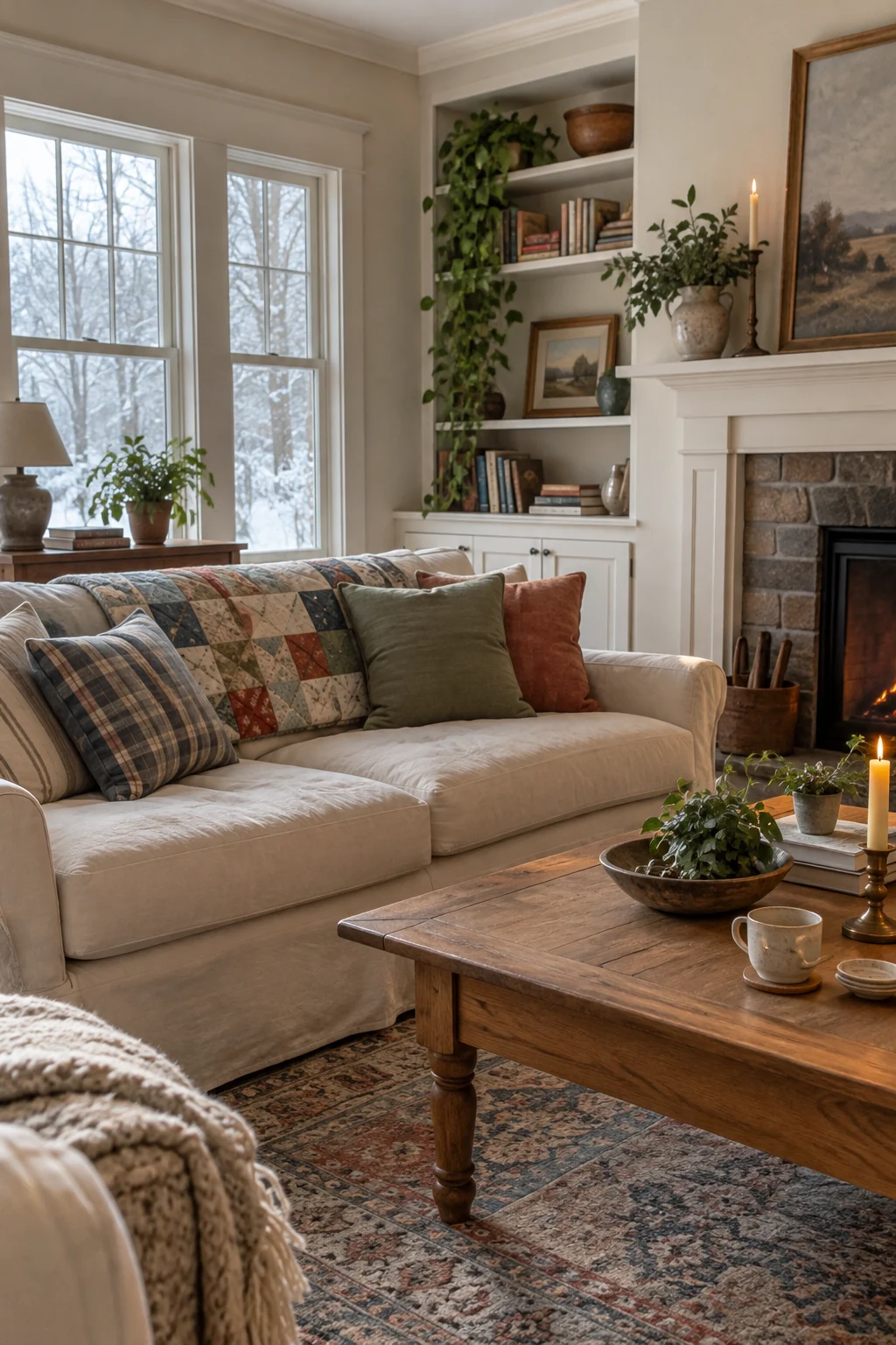 Muted vintage quilt folded across the back of a simple living room sofa