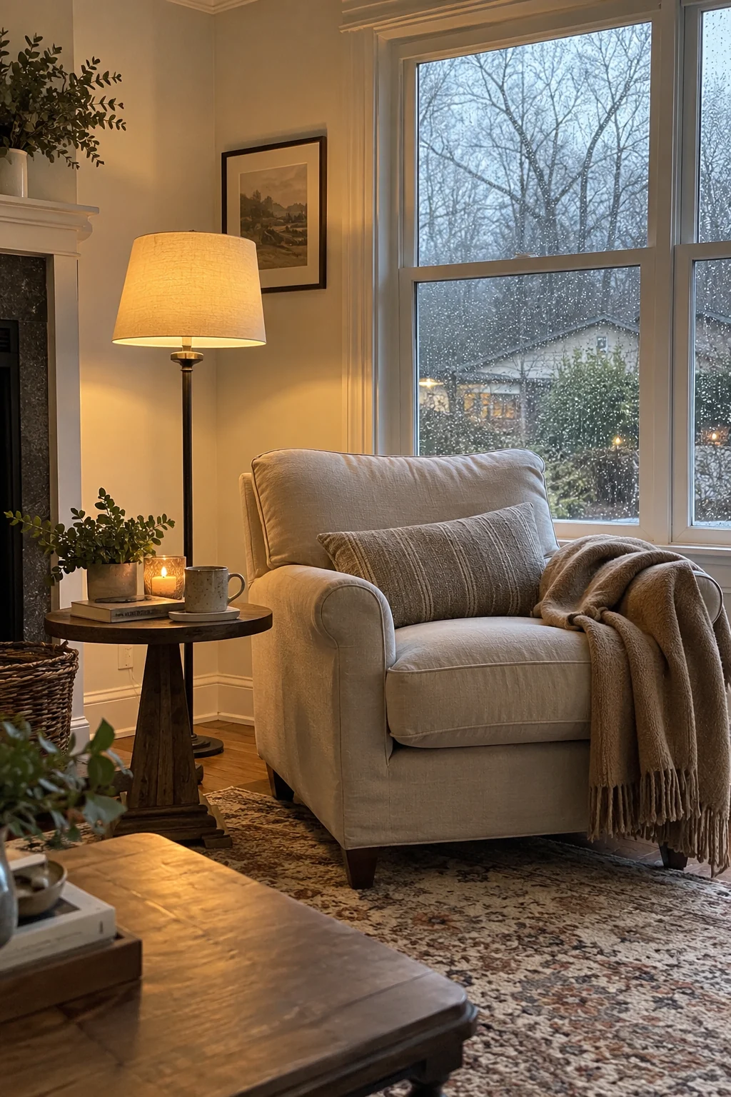 Reading chair layered with a camel wool blanket and lumbar pillow