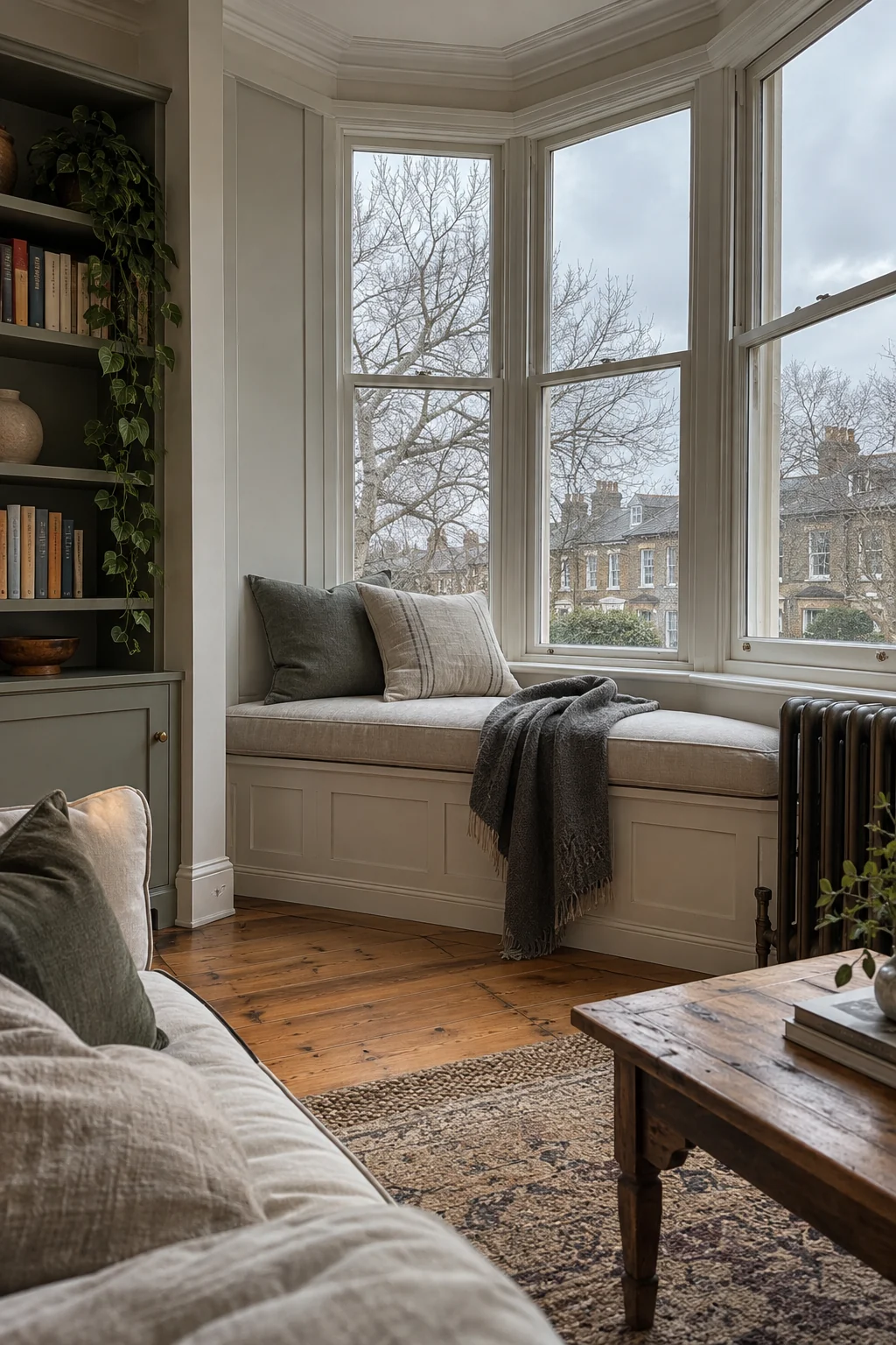 Winter window seat with a fitted cushion, wool throw, and two practical pillows