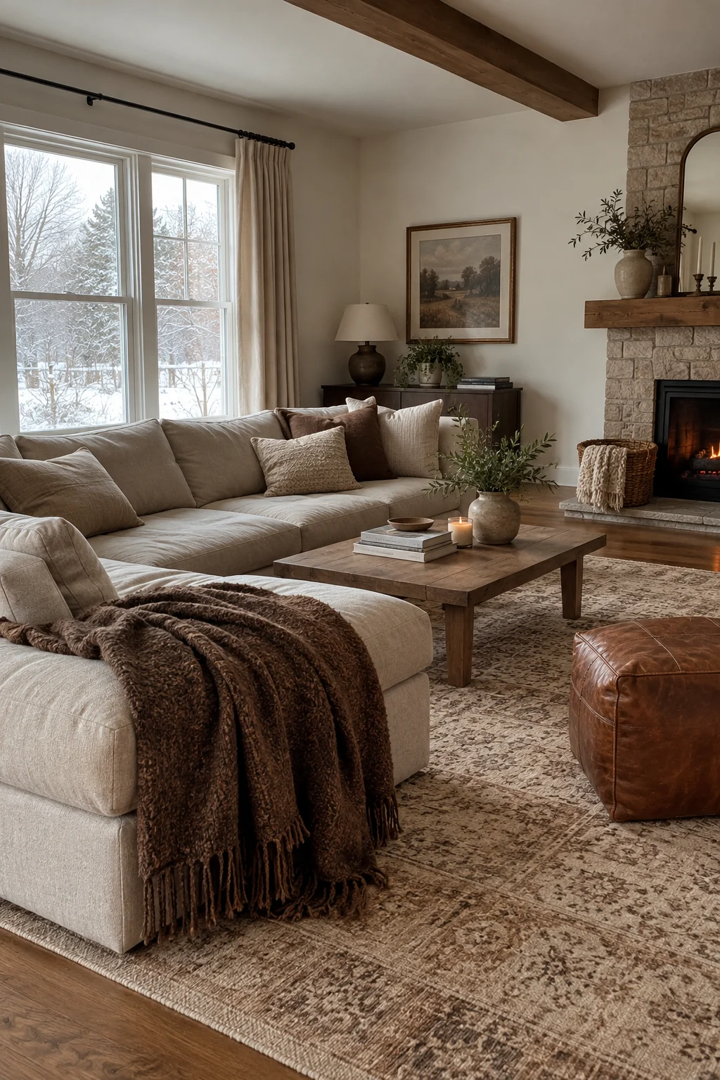 Oatmeal and cocoa-brown winter living room with varied natural textures