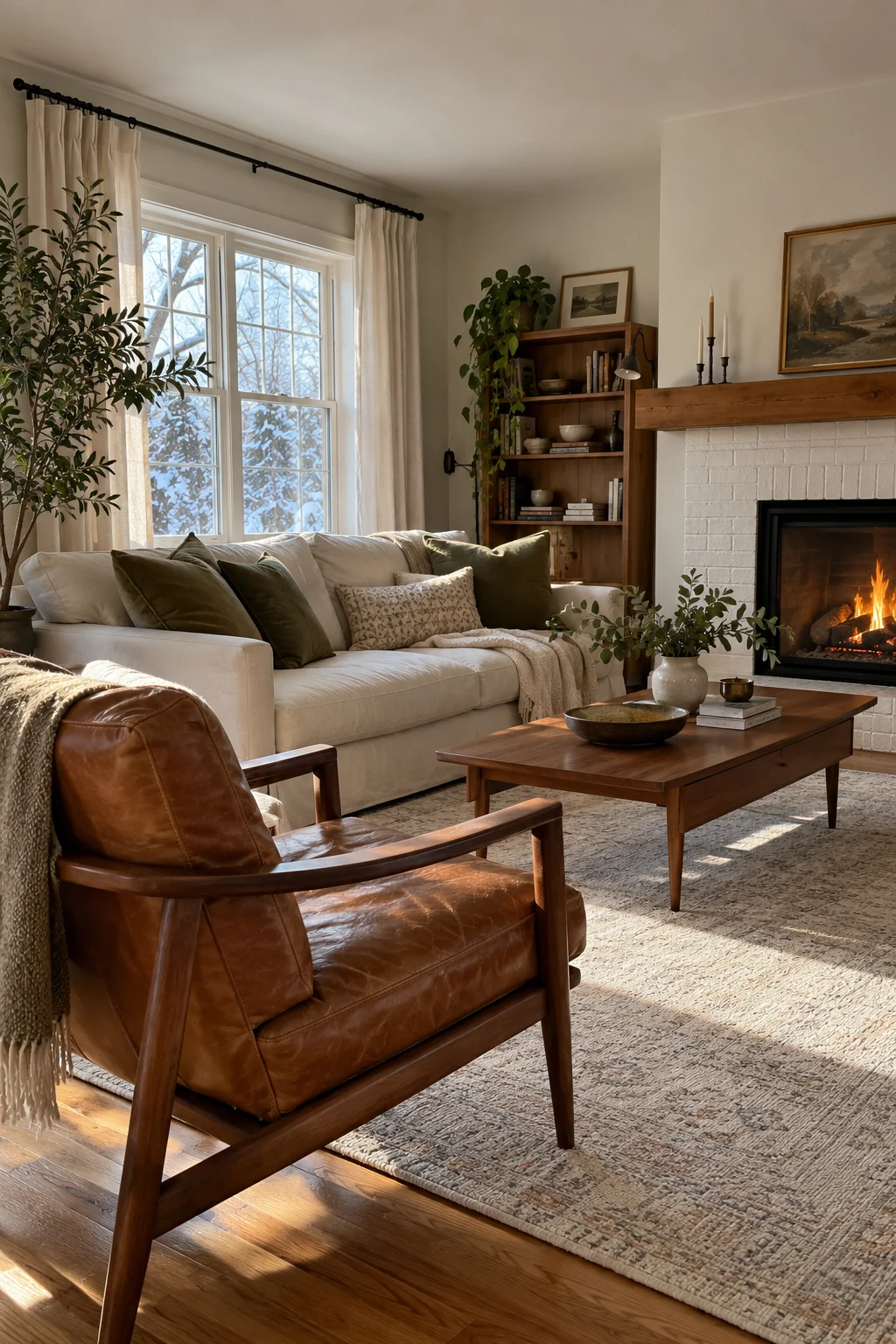 Olive green living room accents paired with a tobacco leather chair