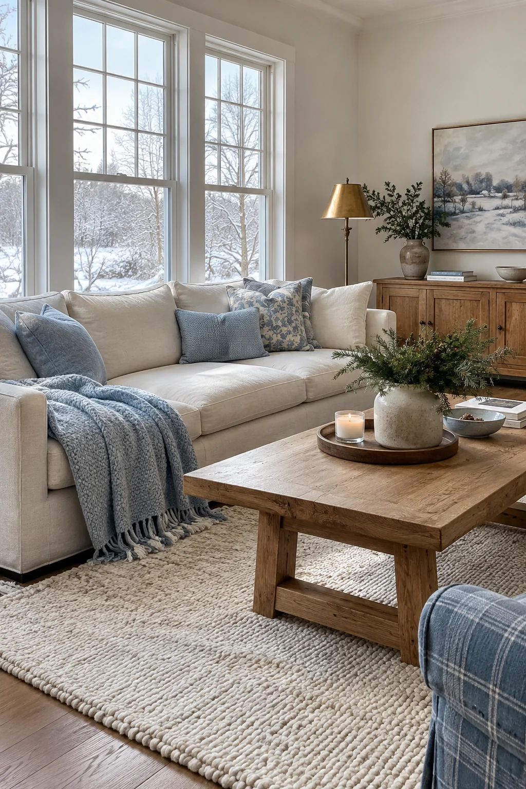 Icy blue winter accents balanced with honey-oak furniture