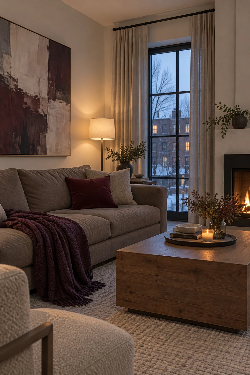 Burgundy and plum accents in a gray winter living room