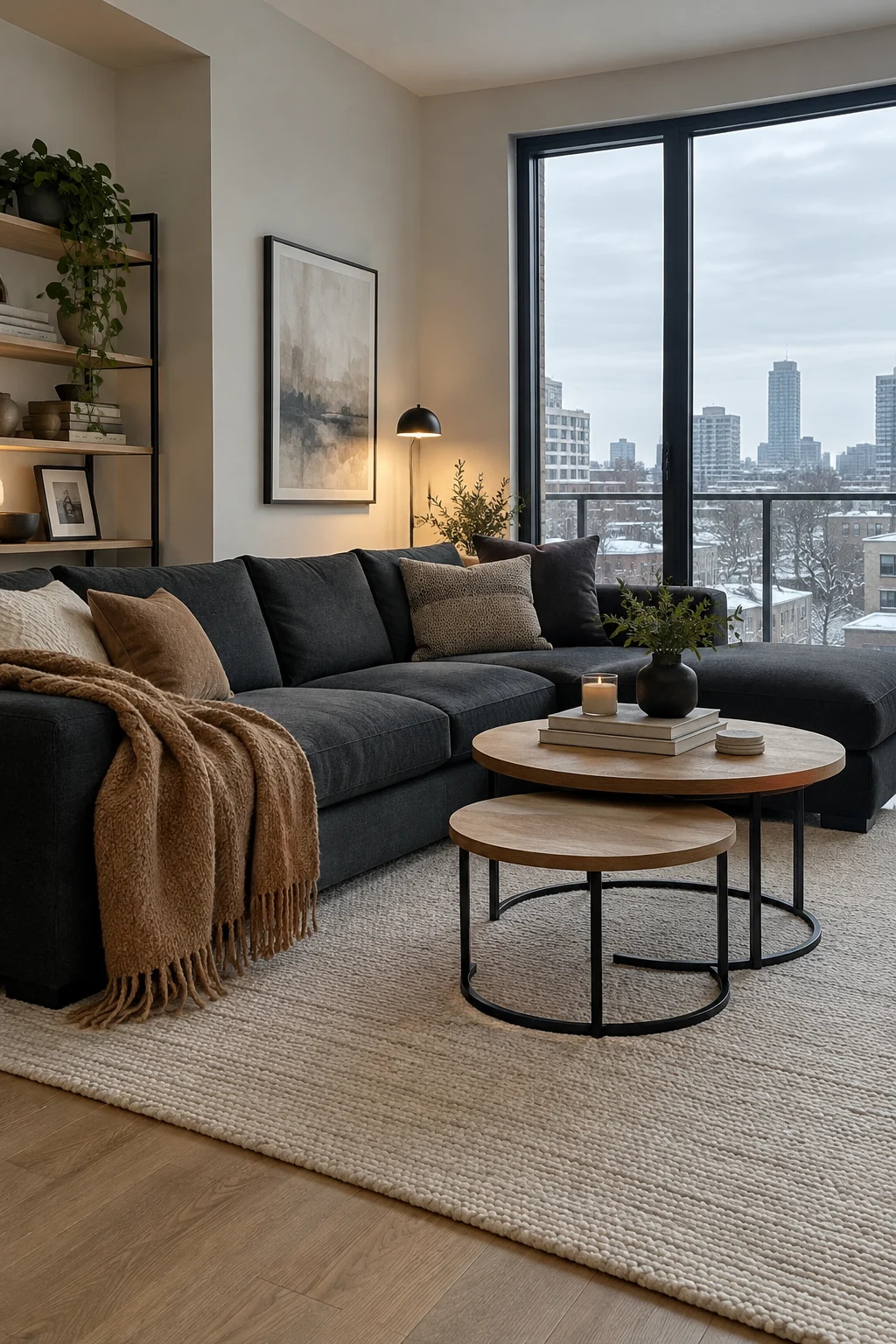 Charcoal sofa balanced by camel wool and pale oak winter accents