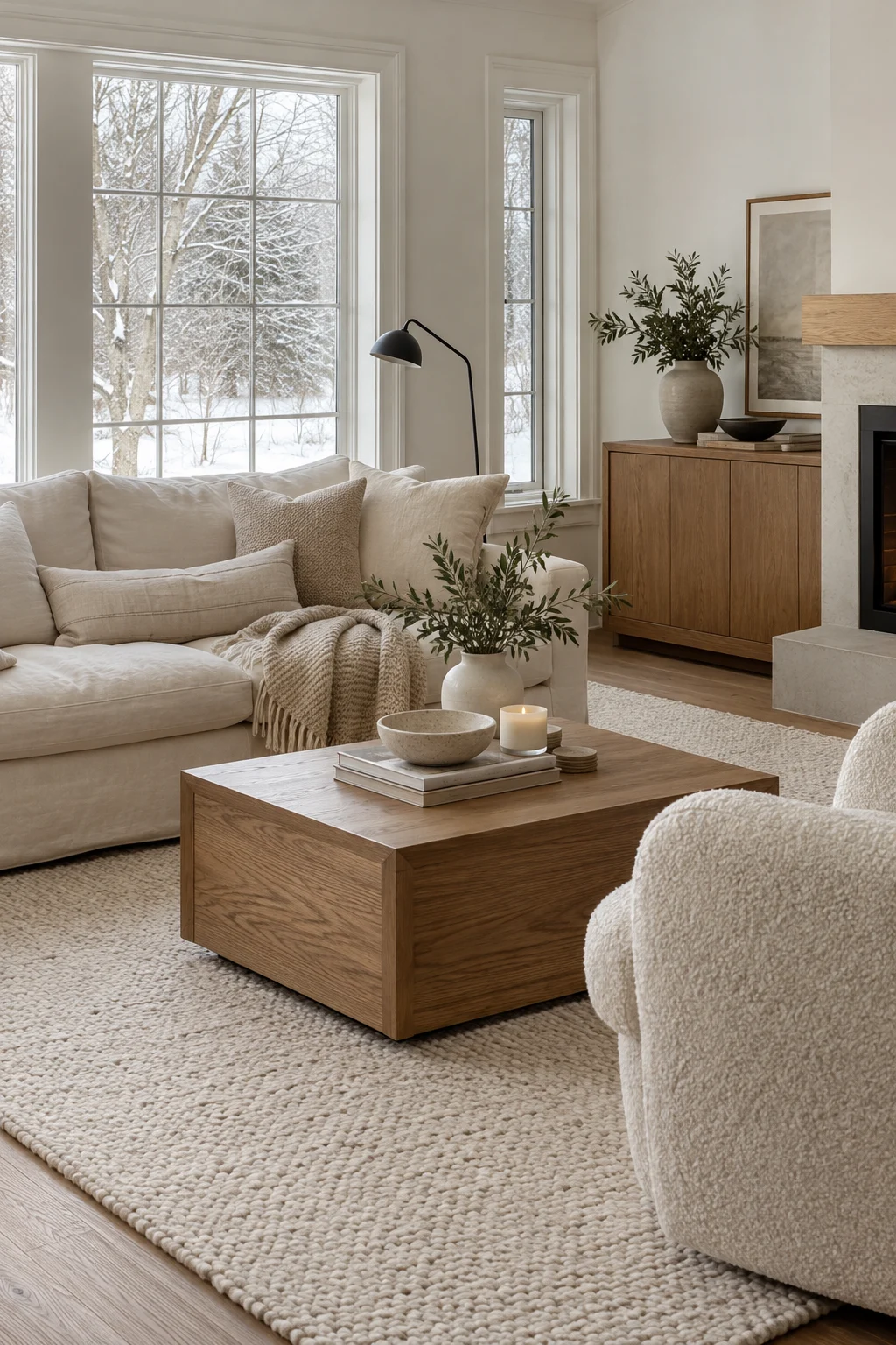 Winter-white living room layered with linen, boucle, wool, and matte ceramics