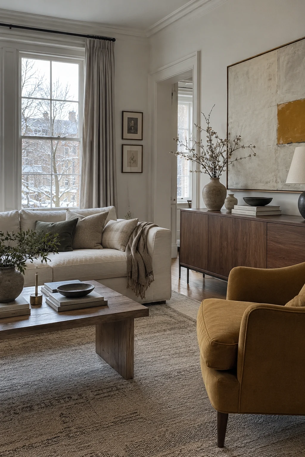 Muted ochre accents warming a north-facing living room