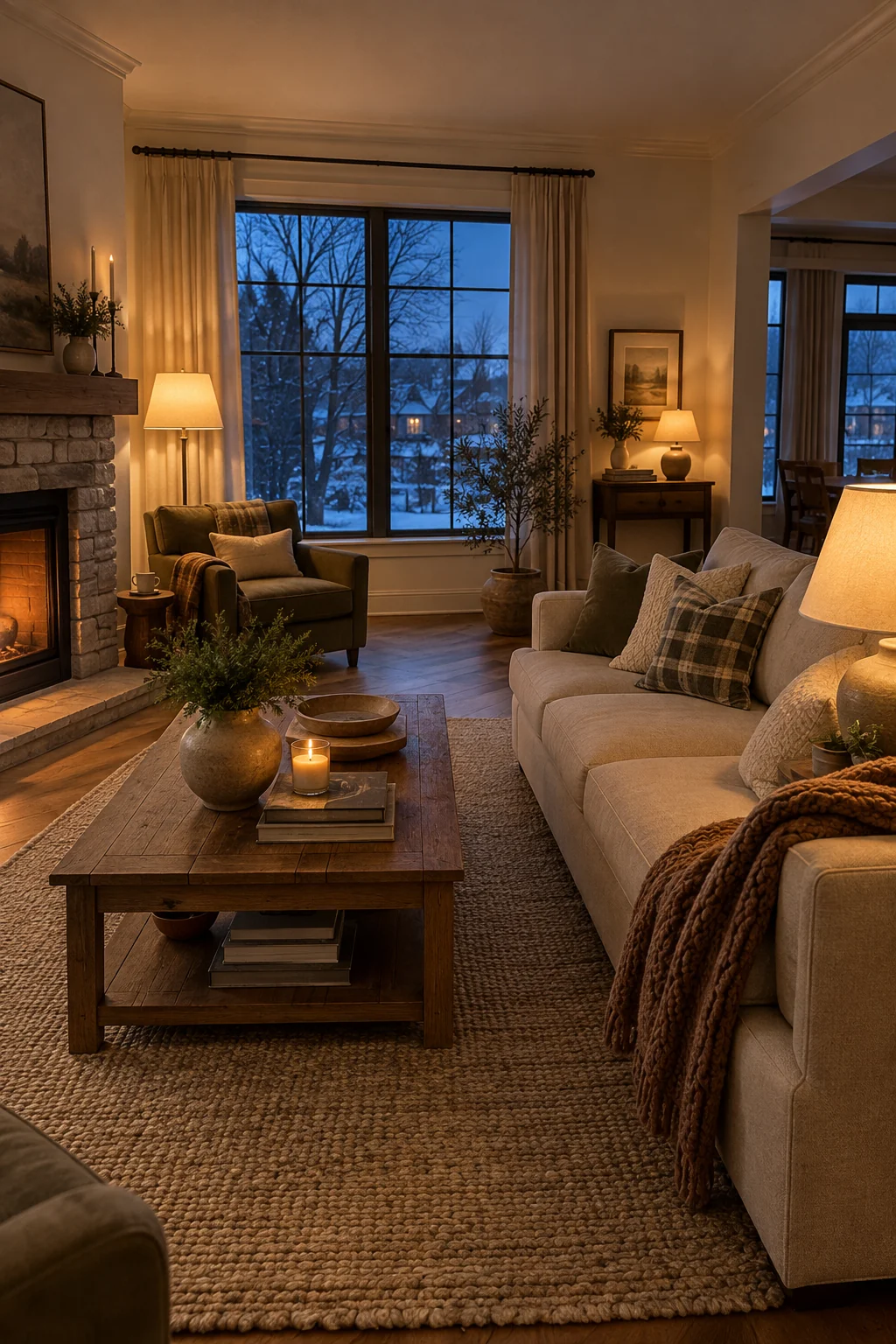 Living room with three warm lamps forming balanced pools of winter light