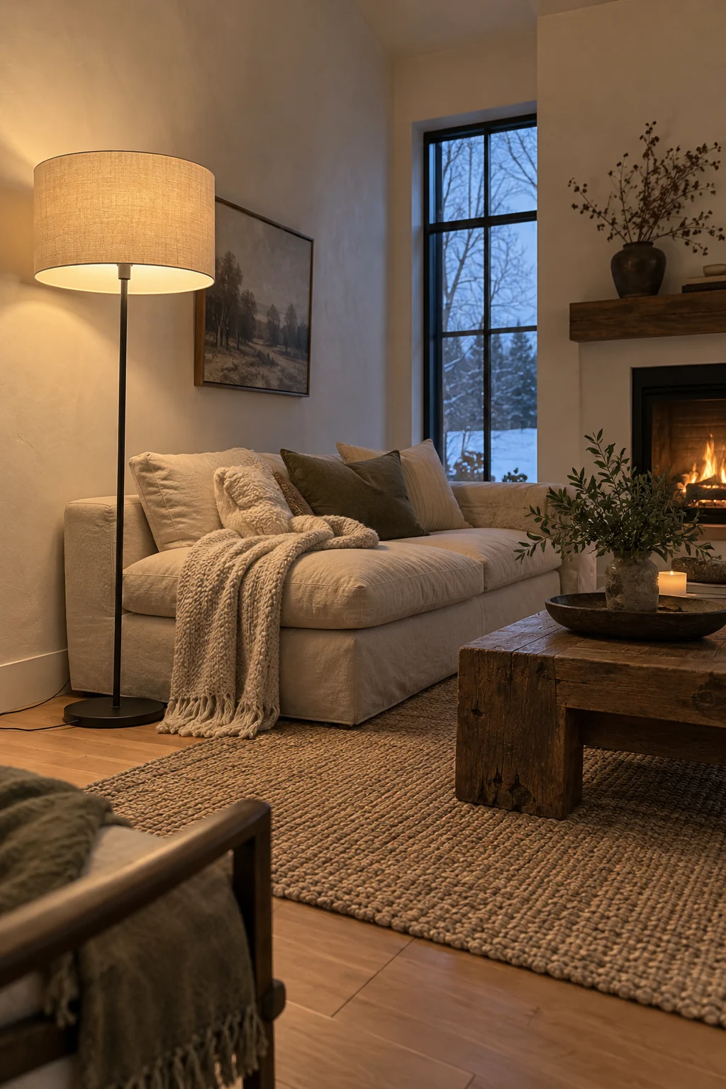 Oversized linen-shade floor lamp beside a living room sofa