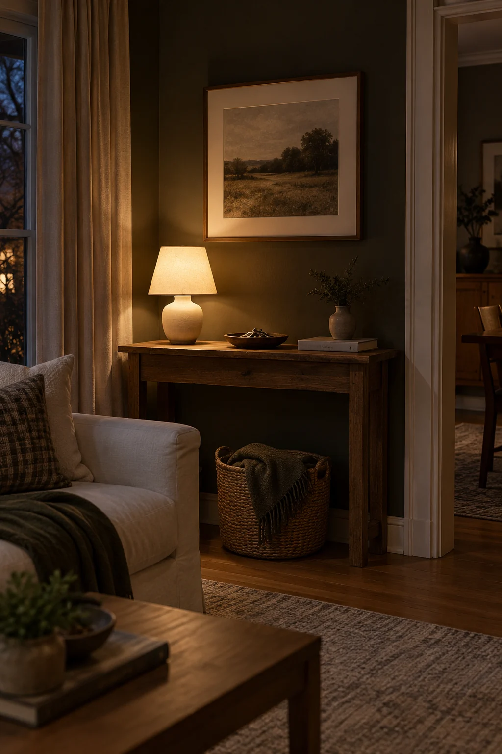 Small cordless ceramic lamp lighting a dark living room console