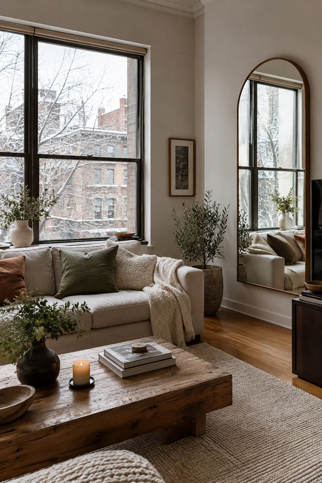 Tall mirror reflecting winter daylight across a compact living room