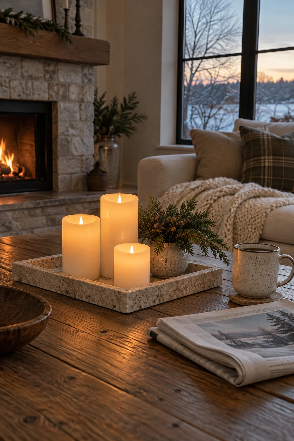 Three ivory flameless pillar candles grouped on a stone living room tray
