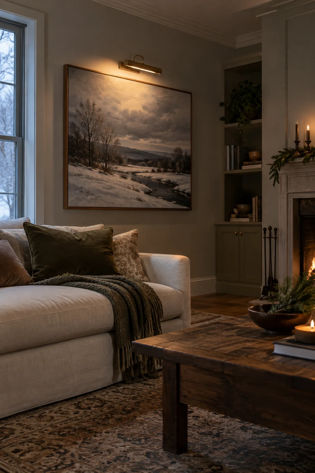 Slim brass picture light illuminating oversized winter art