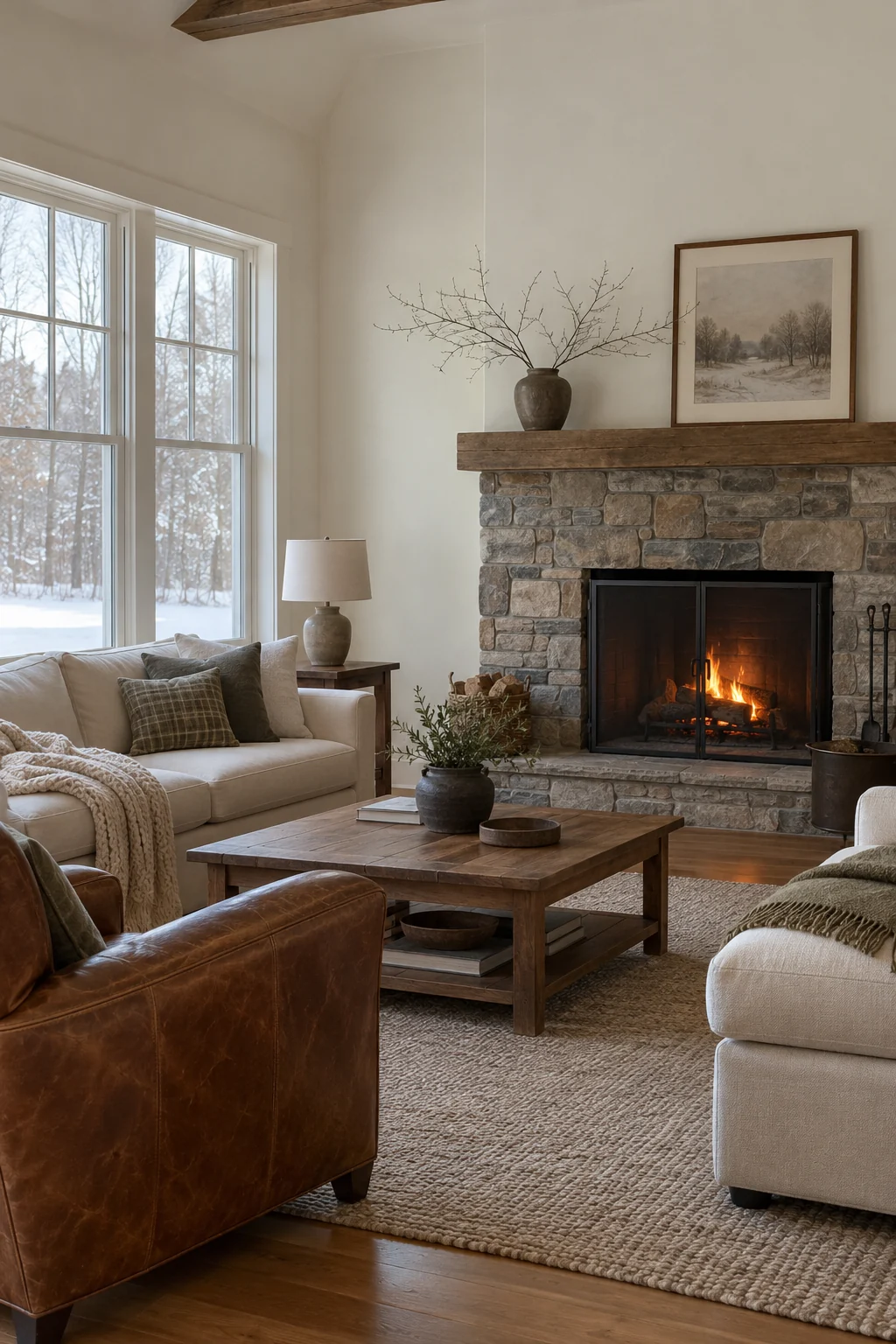 Simple winter fireplace with a low fire and restrained mantel decor