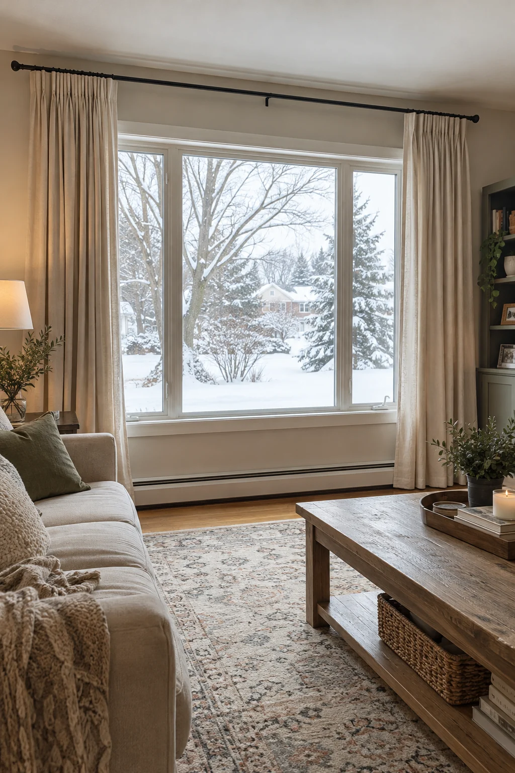 Oatmeal thermal curtains hung high and wide around a living room window