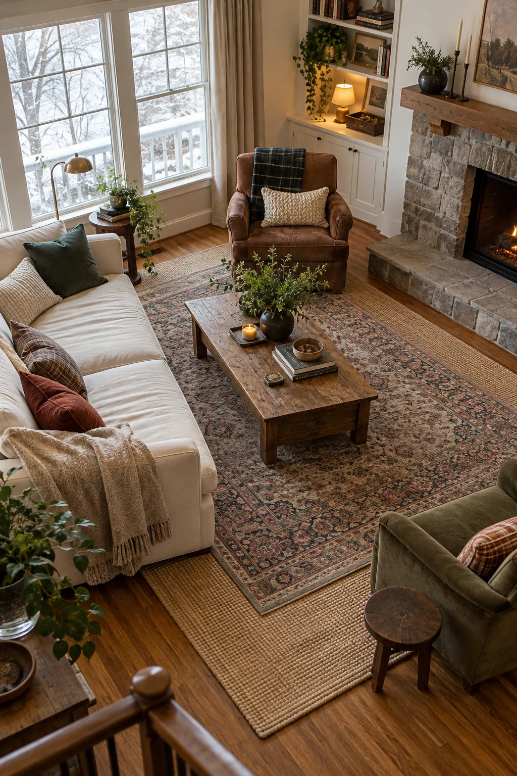 Vintage-patterned wool rug layered over a larger jute rug