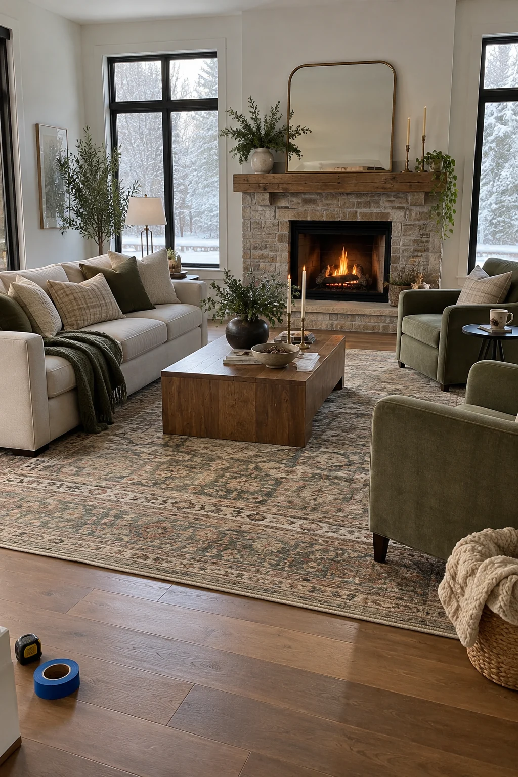 Large living room rug extending beneath the front legs of sofa and chairs