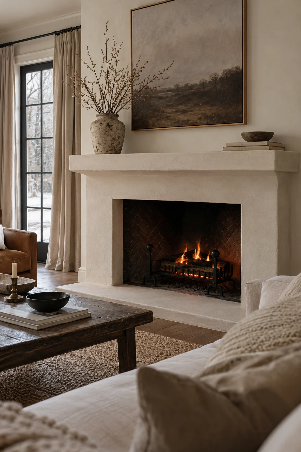 Winter mantel with bare branches in a heavy crock and restrained framed art